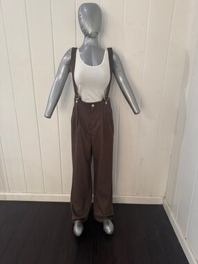 SHEIN Brown High-Waist Wide Leg Trousers with Suspenders